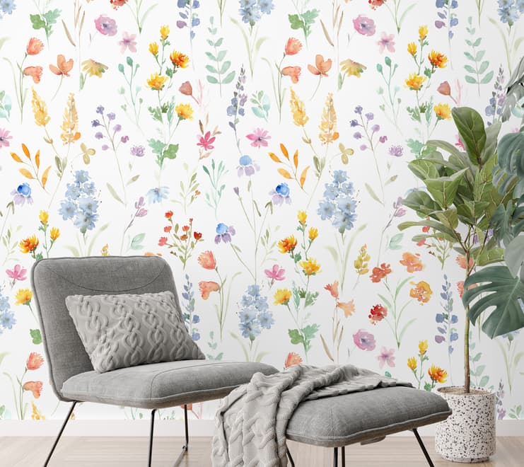 Watercolor Colorful Botanical Wild Flower Wallpaper Mural