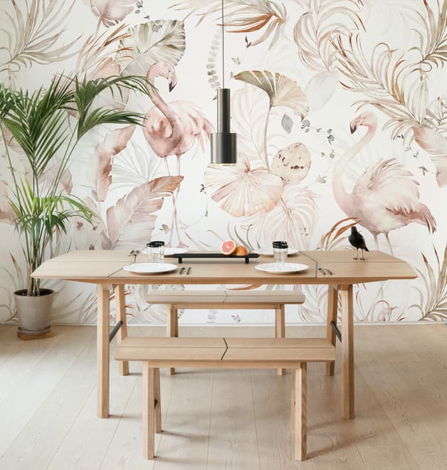 Sanfte Flamingo-Kunst mit Boho-Tropenblatt Fototapete