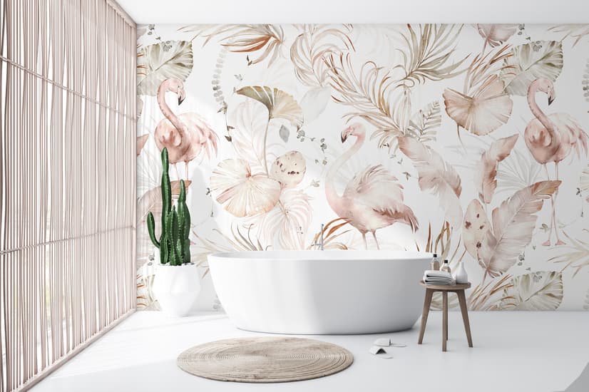 Sanfte Flamingo-Kunst mit Boho-Tropenblatt Fototapete