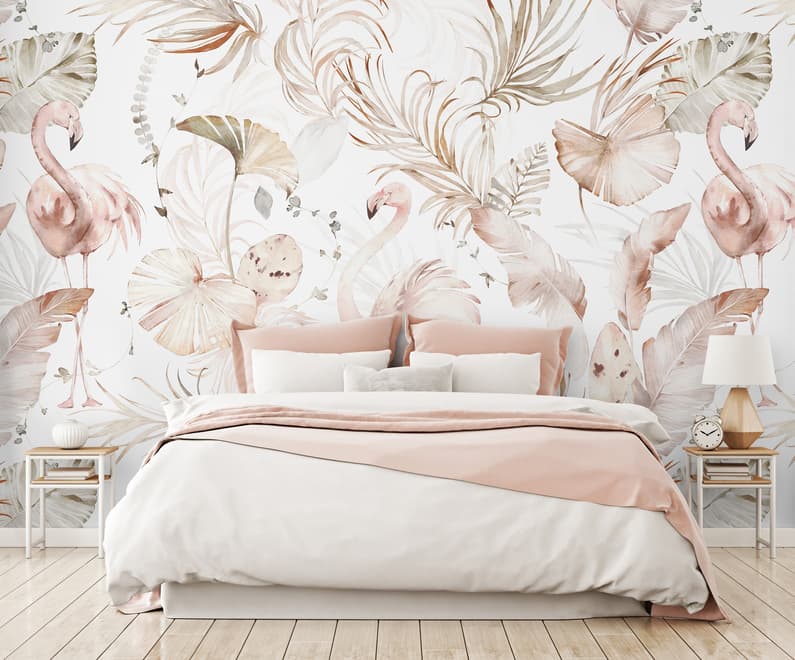 Sanfte Flamingo-Kunst mit Boho-Tropenblatt Fototapete
