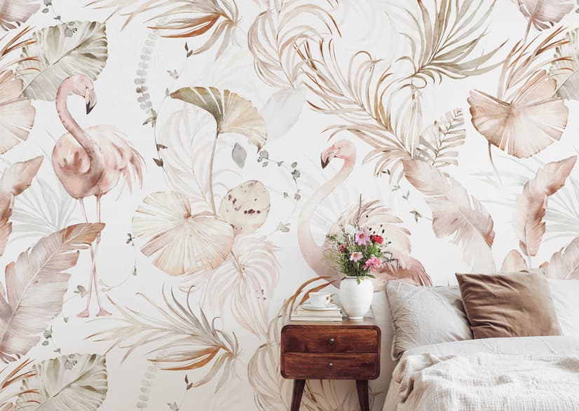 Sanfte Flamingo-Kunst mit Boho-Tropenblatt Fototapete