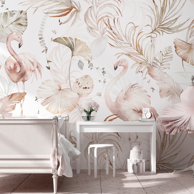 Sanfte Flamingo-Kunst mit Boho-Tropenblatt Fototapete