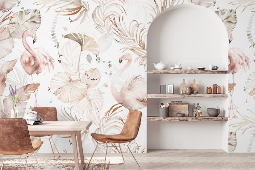 Sanfte Flamingo-Kunst mit Boho-Tropenblatt Fototapete