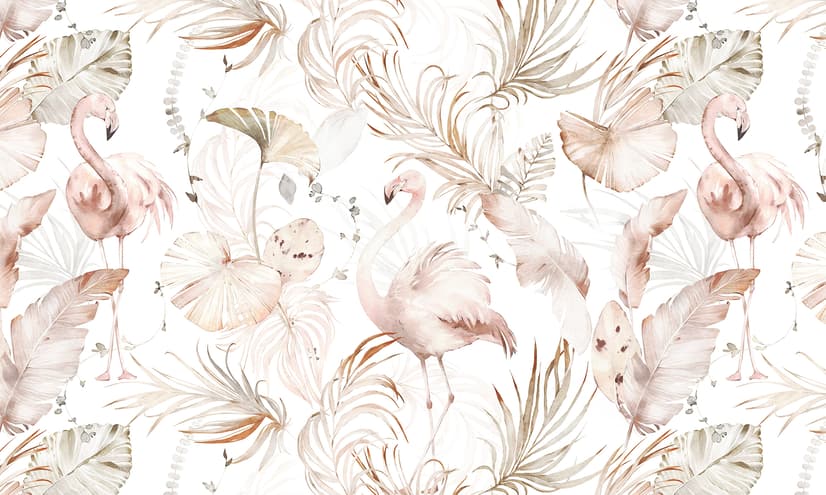 Sanfte Flamingo-Kunst mit Boho-Tropenblatt Fototapete