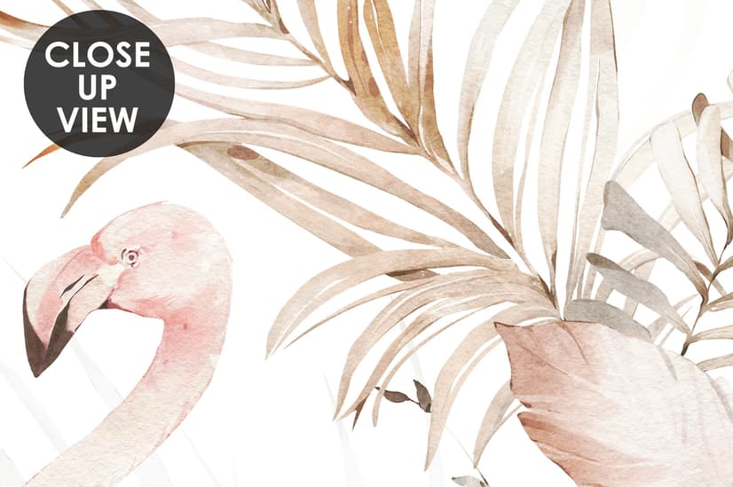 Sanfte Flamingo-Kunst mit Boho-Tropenblatt Fototapete