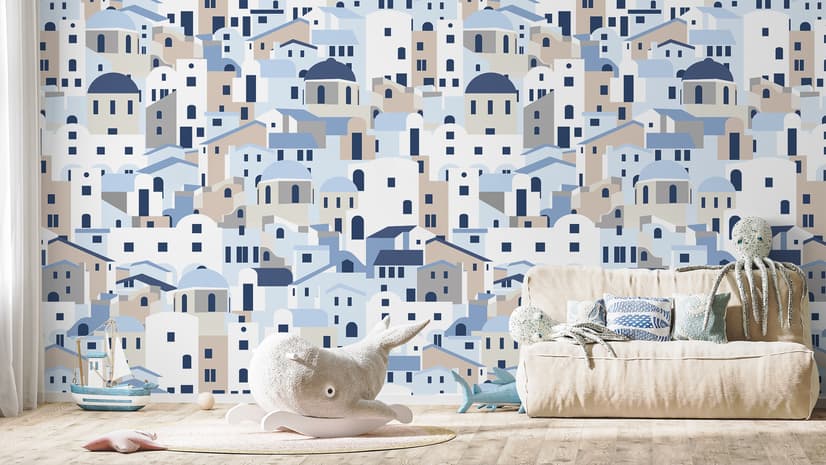 Cartoon Old Blue Greek House Wallpaper Mural