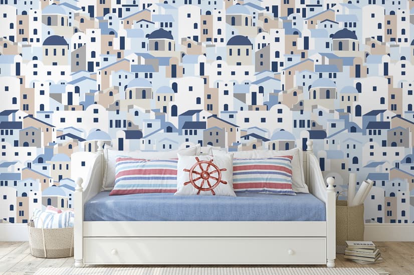 Cartoon Old Blue Greek House Wallpaper Mural