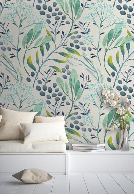 Green Leaf Branches with Berries Wallpaper Mural