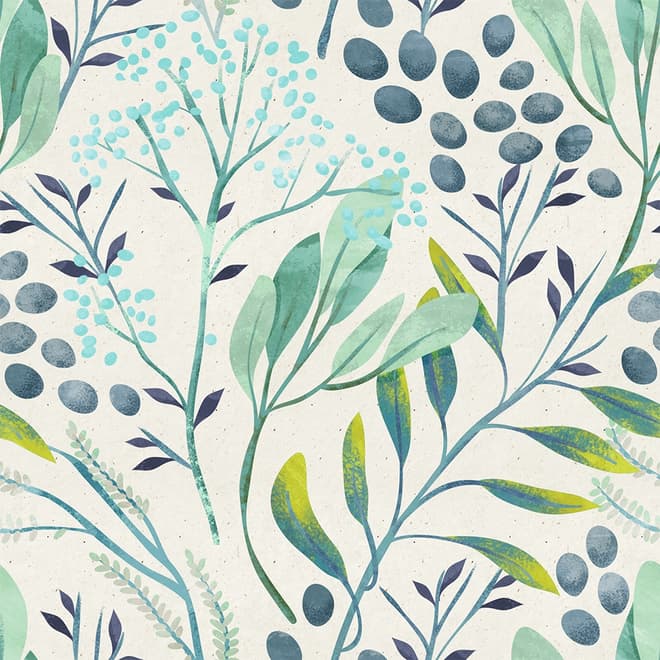 Green Leaf Branches with Berries Wallpaper Mural