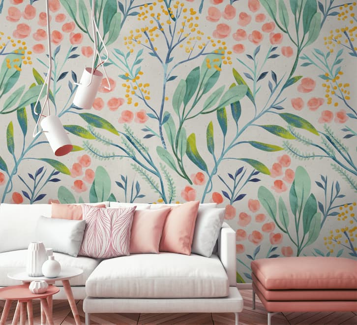 Watercolor Vintage Florals with Botanical Leaves Wallpaper Mural