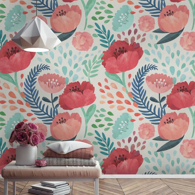 Watercolor Corn Poppy Floral Wallpaper Mural