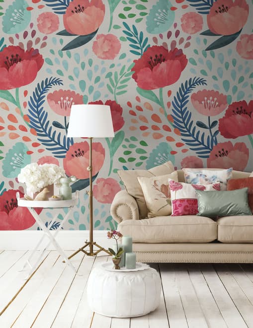 Watercolor Corn Poppy Floral Wallpaper Mural