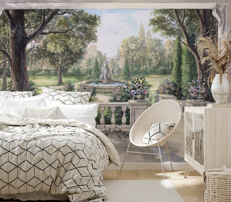 Soft Drawing Forest with Marble Fountain Wallpaper Mural