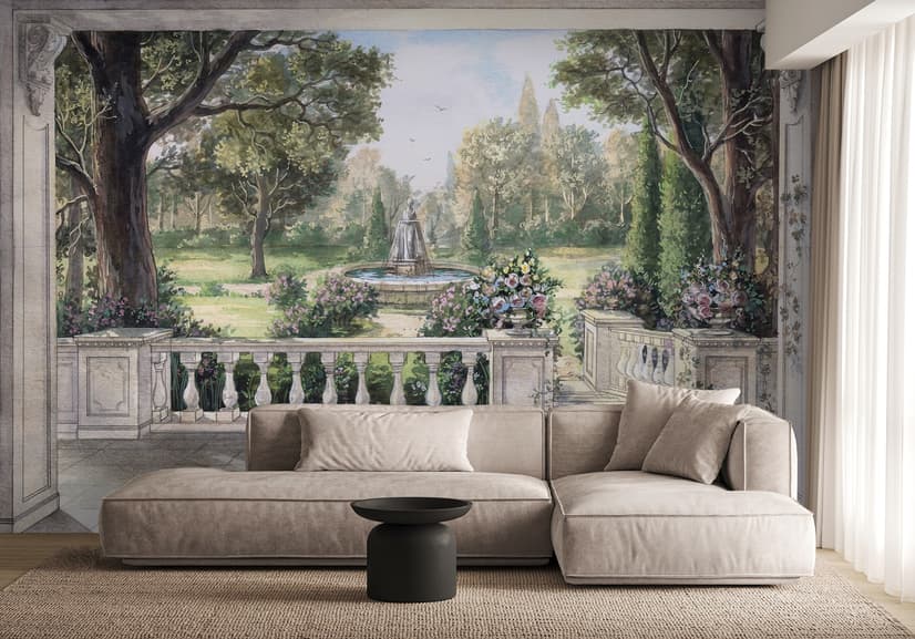 Soft Drawing Forest with Marble Fountain Wallpaper Mural