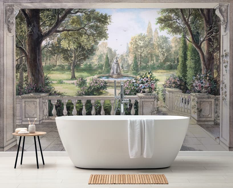 Soft Drawing Forest with Marble Fountain Wallpaper Mural