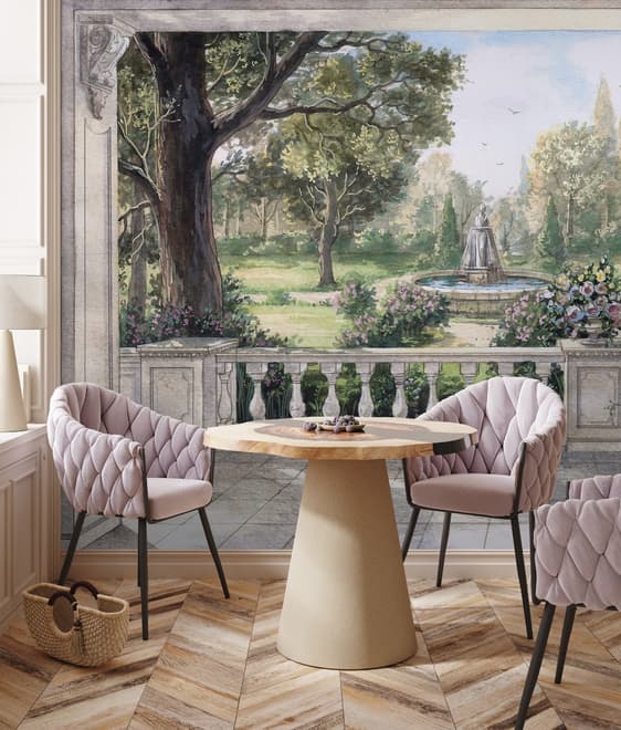 Soft Drawing Forest with Marble Fountain Wallpaper Mural