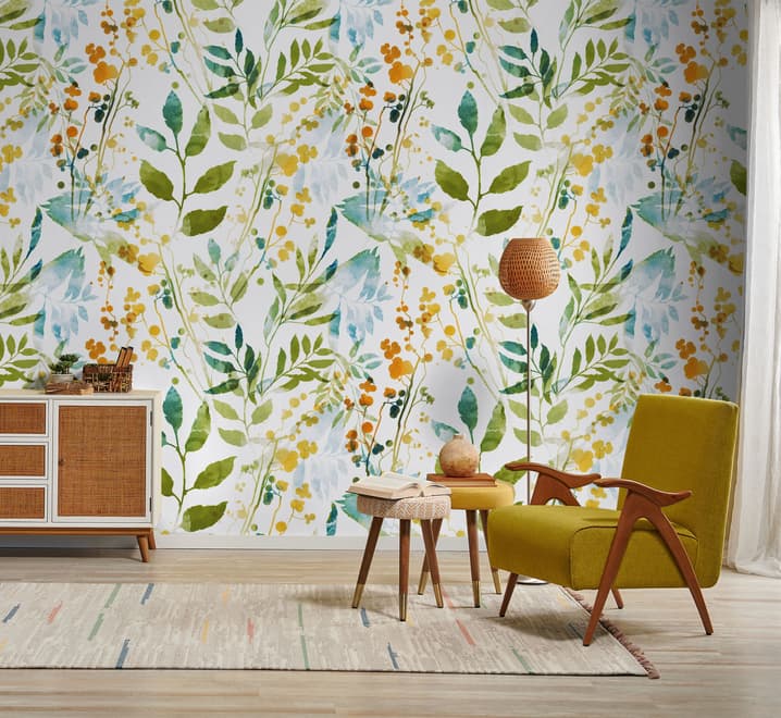 Colorful Watercolor Leaf & Plants Wallpaper Mural