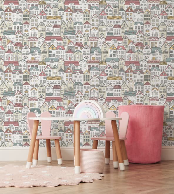 Kids Hand Drawn Colorful Cute House Wallpaper Mural