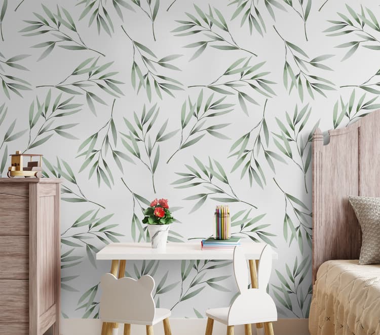 Watercolor Green Olive Leaves Pattern Wallpaper Mural