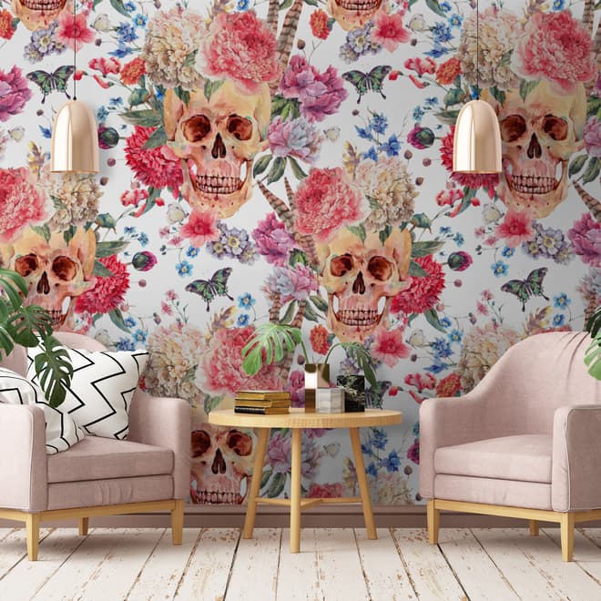 Skull with Flowers Wallpaper Mural