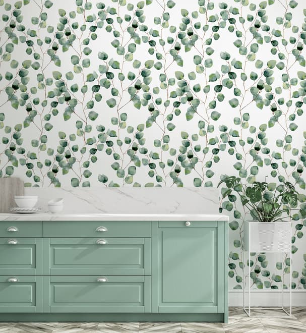 Watercolor Eucalyptus Leaf Pattern Wallpaper Mural