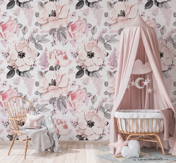 Kids Nursery Floral Pink Rose Pattern Wallpaper Mural