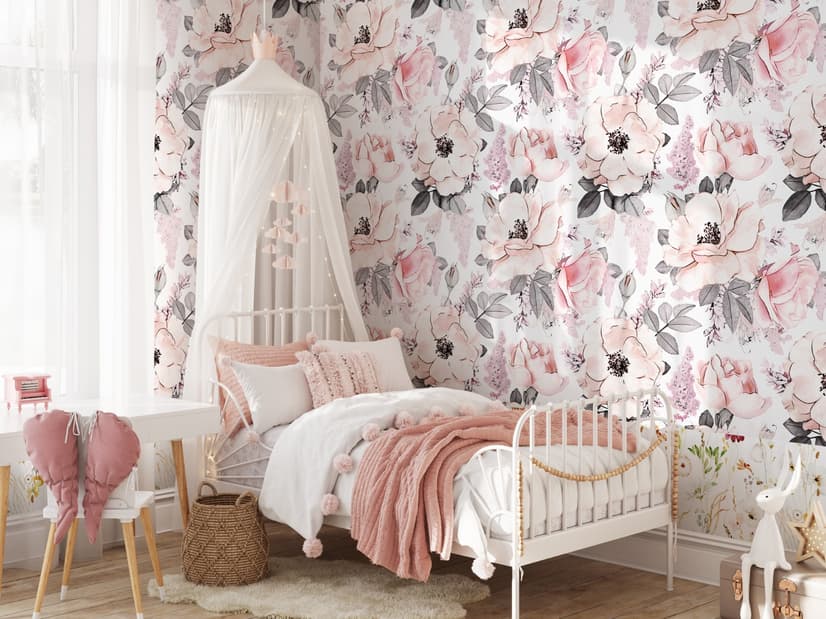 Kids Nursery Floral Pink Rose Pattern Wallpaper Mural