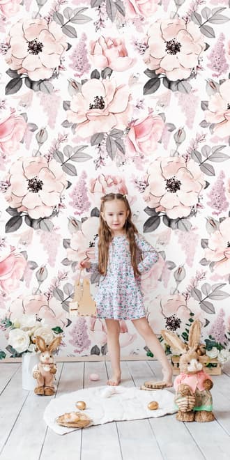 Kids Nursery Floral Pink Rose Pattern Wallpaper Mural