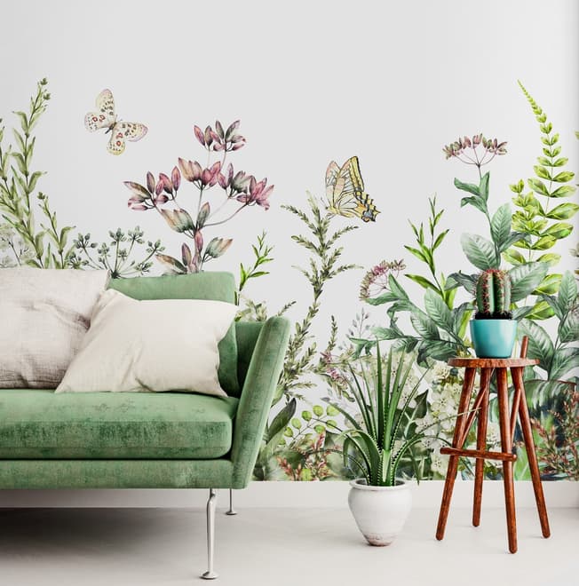 Fototapete Wilde Blumen und frische grüne Blätter