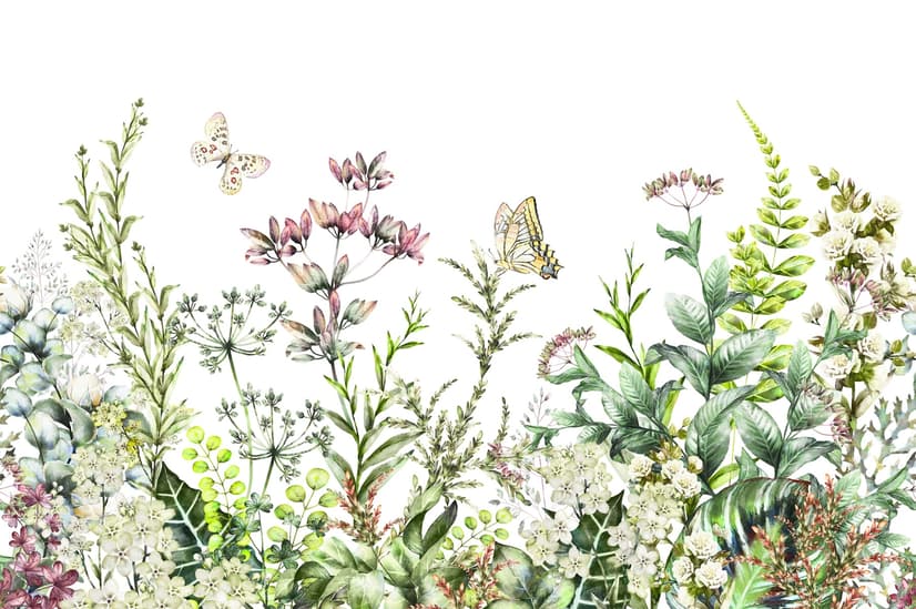 Wild Floral and Green Fresh Leaves Wallpaper Mural