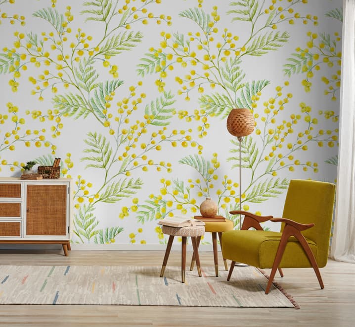 Papier peint panoramique floral aux herbes jaunes