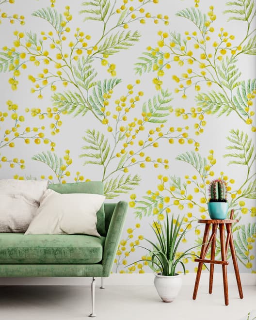 Papier peint panoramique floral aux herbes jaunes
