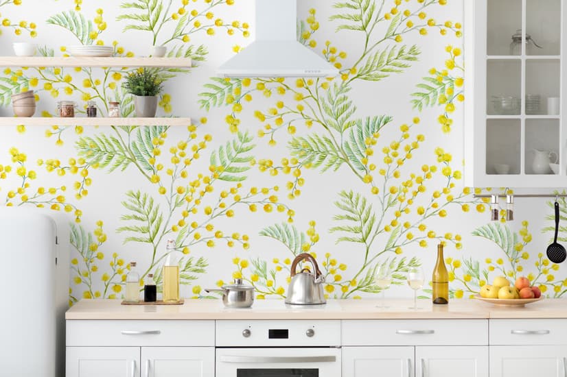 Papier peint panoramique floral aux herbes jaunes