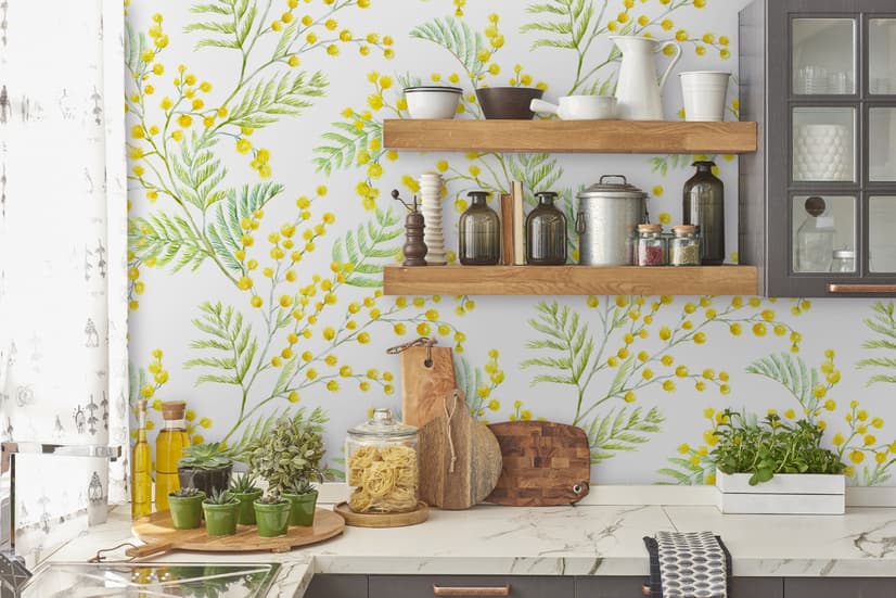 Papier peint panoramique floral aux herbes jaunes