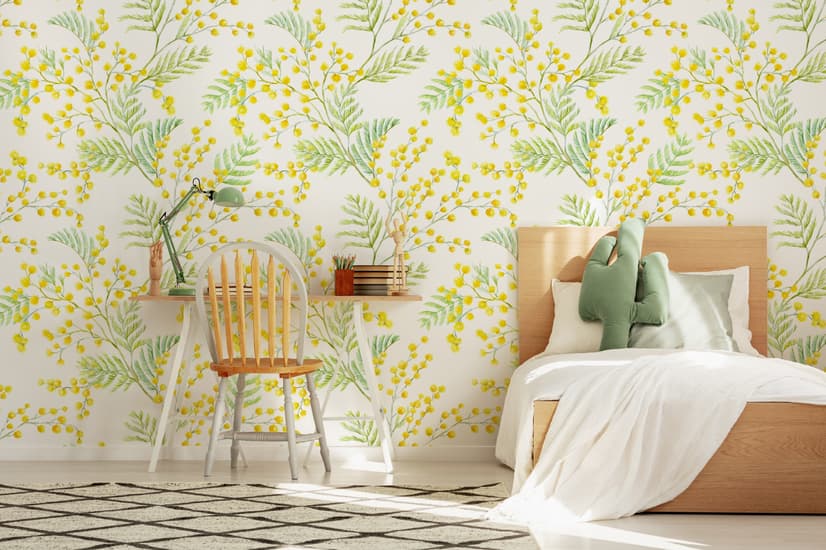 Papier peint panoramique floral aux herbes jaunes