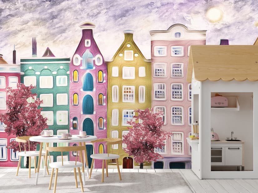 Dutch Style Colorful Houses and Red Trees Wallpaper Mural for Kids