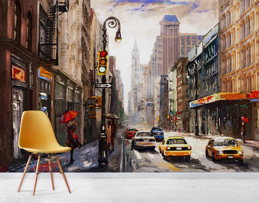 Oil Paintinging Style Street View of New York City Landscape Wallpaper Mural
