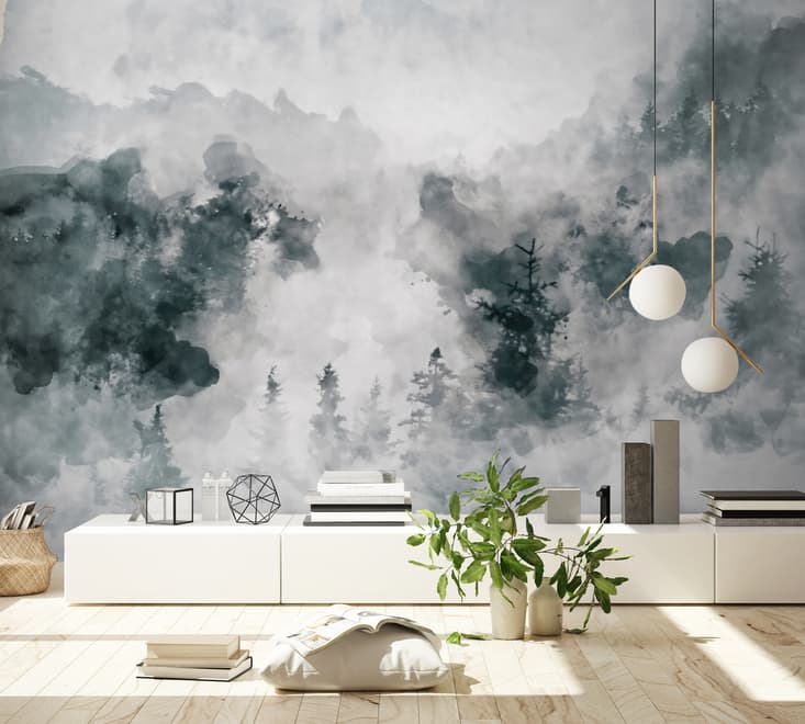Watercolor Style Abstract Misty Dark Forest Wallpaper Mural