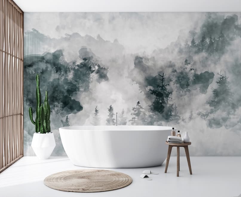 Watercolor Style Abstract Misty Dark Forest Wallpaper Mural