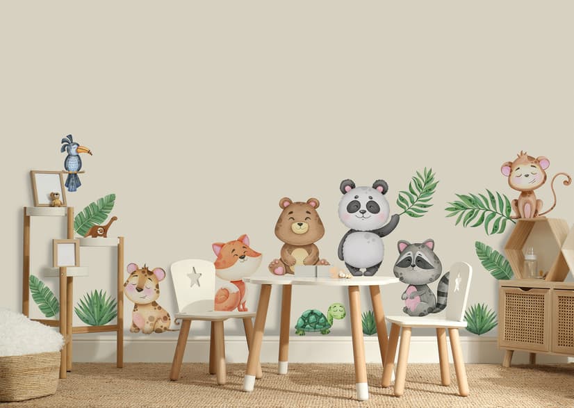 Kids Cute Animals with Banana Leaves Wall Decal Sticker