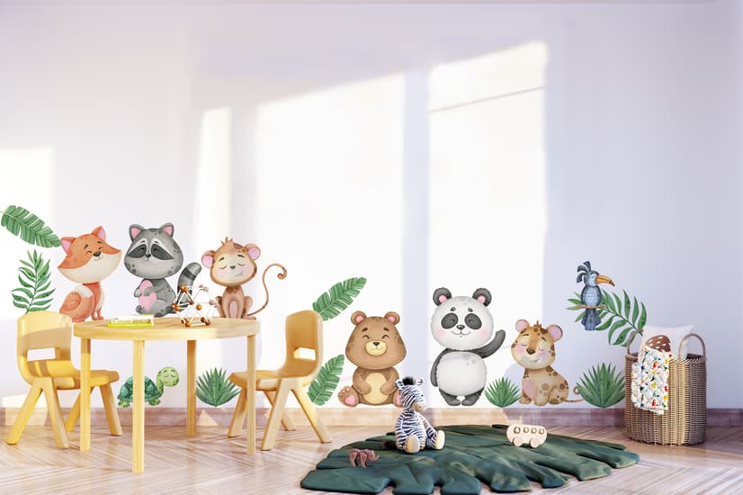 Kids Cute Animals with Banana Leaves Wall Decal Sticker