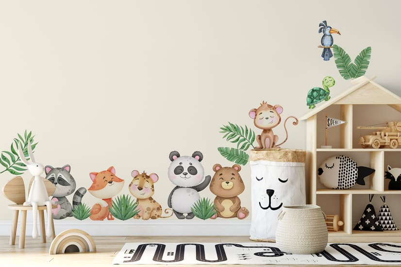 Kids Cute Animals with Banana Leaves Wall Decal Sticker