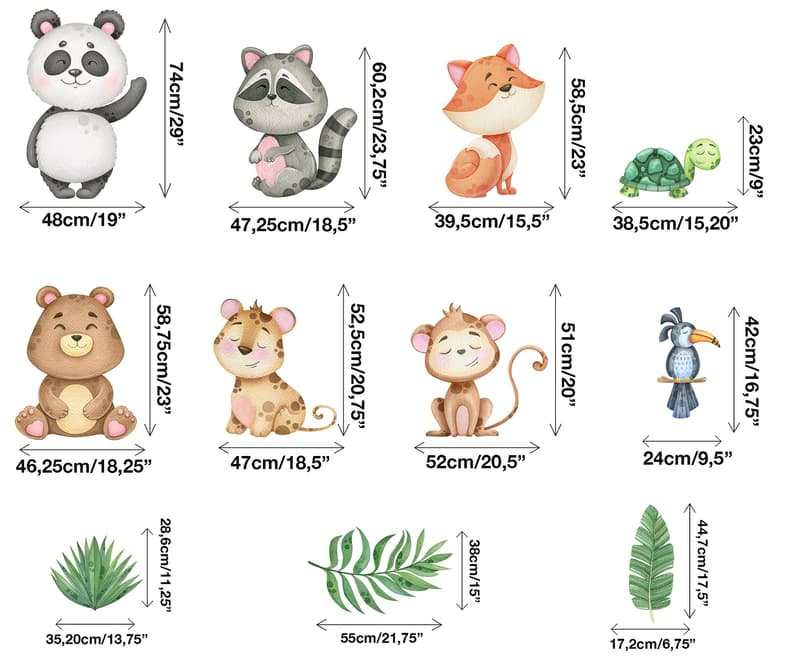 Kids Cute Animals with Banana Leaves Wall Decal Sticker