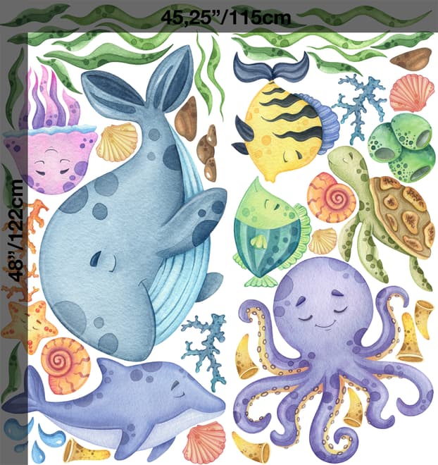 Kids Nursery Undersea Wall Decals Cute Whale with Sea Animals Wall Sticker