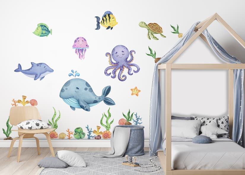 Kids Nursery Undersea Wall Decals Cute Whale with Sea Animals Wall Sticker