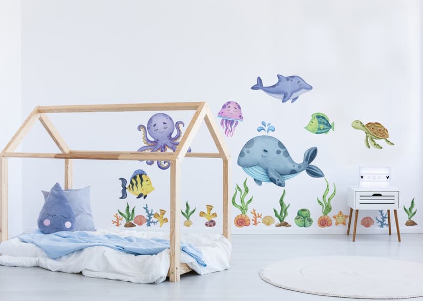Kids Nursery Undersea Wall Decals Cute Whale with Sea Animals Wall Sticker