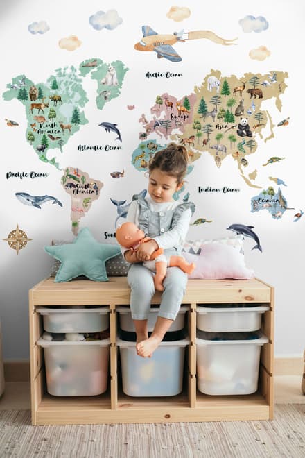 Kids Watercolor World Map Wall Decal Sticker