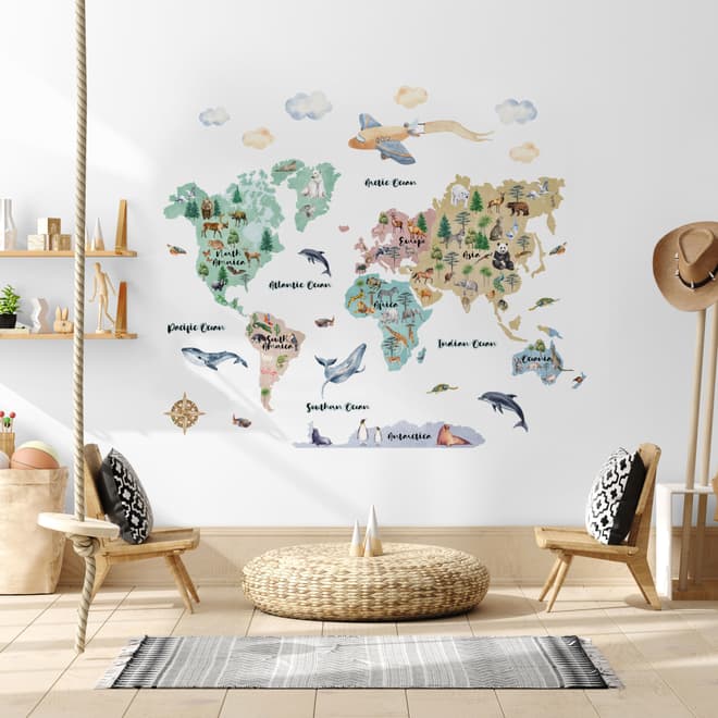 Kids Watercolor World Map Wall Decal Sticker