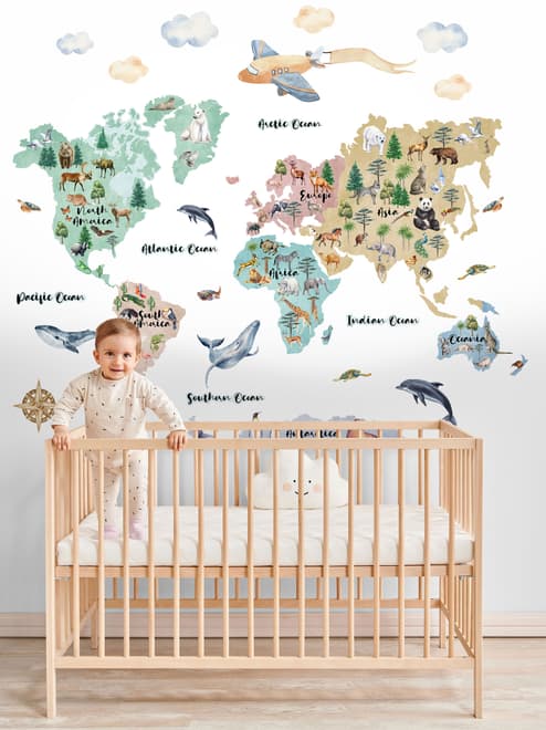 Kids Watercolor World Map Wall Decal Sticker