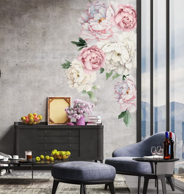 Blue Pink Peony Floral Bouqet Wall Decal Sticker
